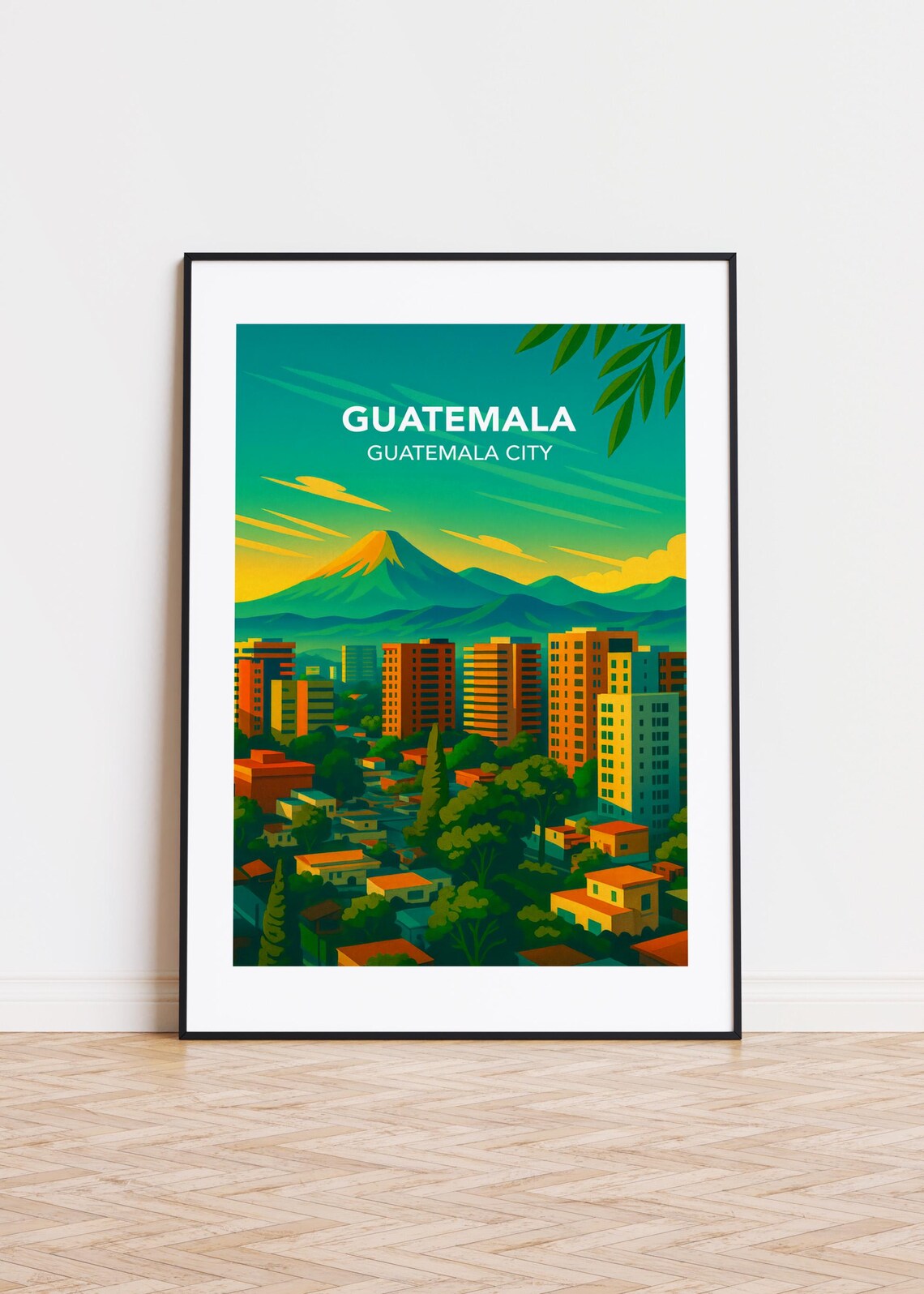 Guatemala City Volcano Skyline Sunset Colorful Travel Poster