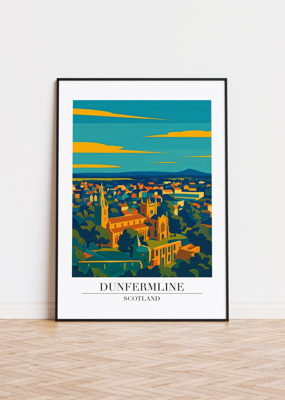 Dunfermline Scotland Travel Poster With Abbey At Sunset Modern Cityscape