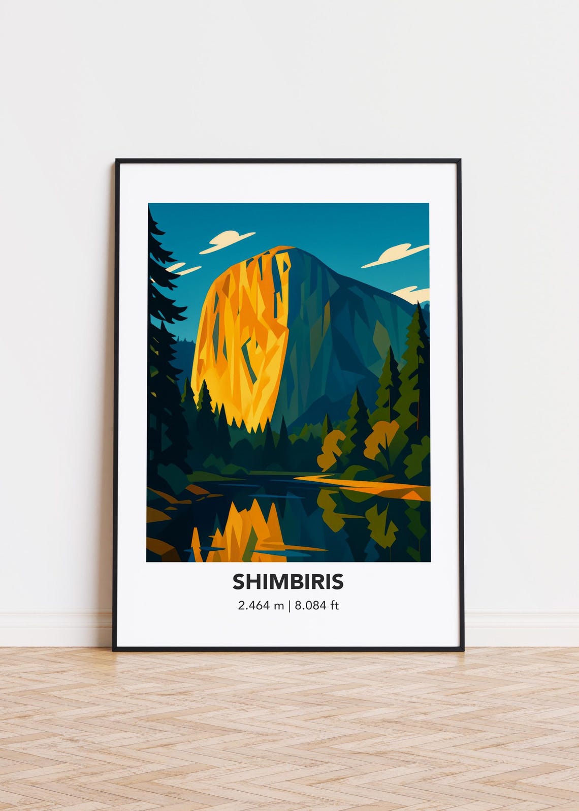 Shimbiris Golden Monolith Lake Minimalist Mountain Travel Poster