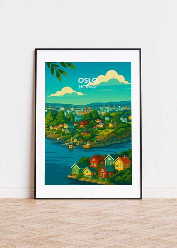 Oslo Norway Fjord Colorful Hillside Houses Retro Travel Poster