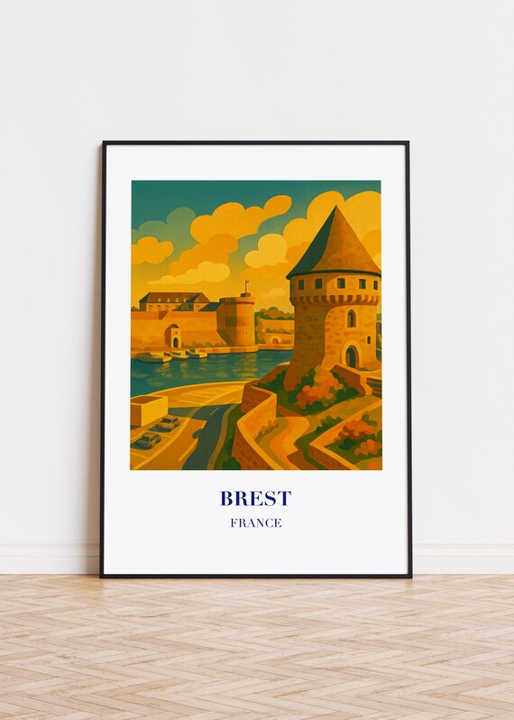 Brest France Golden Harbor Fortress Sunset Retro Travel Poster