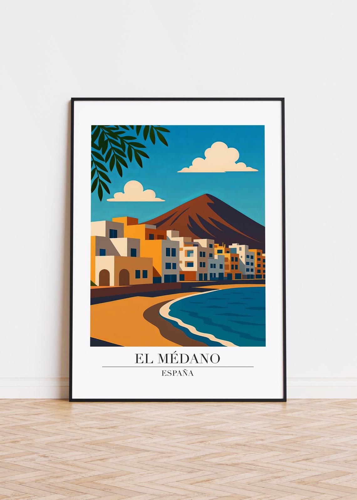 El Medano Spain Poster White Town Beach Under Red Volcano Peak