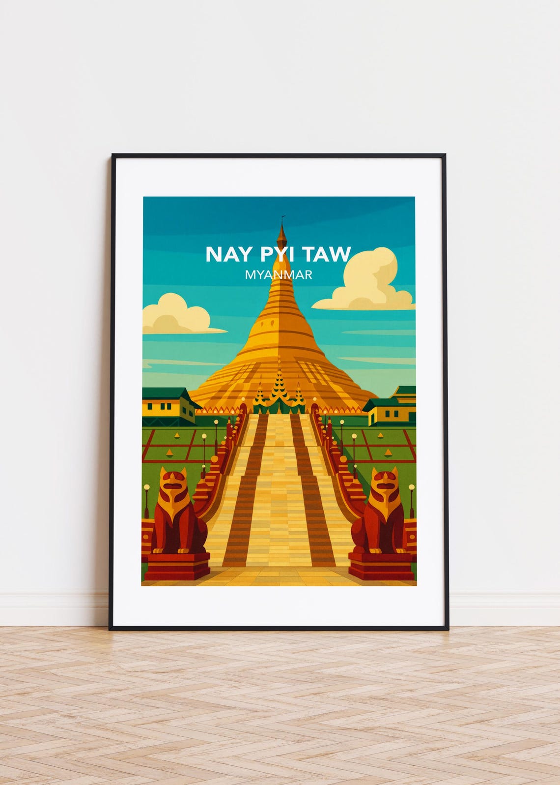 Nay Pyi Taw Myanmar Golden Pagoda Temple Guardian Lions Retro Poster