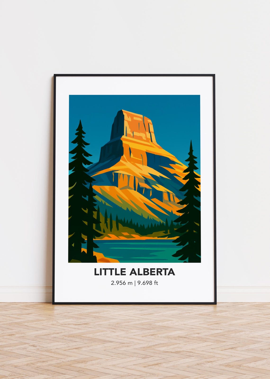Little Alberta Sunset Mountain Lake Pines Minimalist Travel Poster