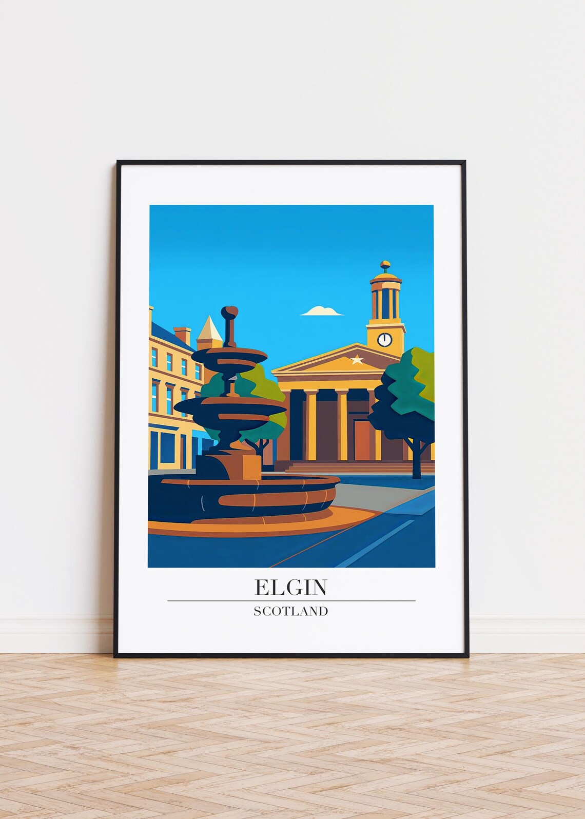 Elgin Scotland Travel Poster With Fountain And Clock Tower Modern City Art