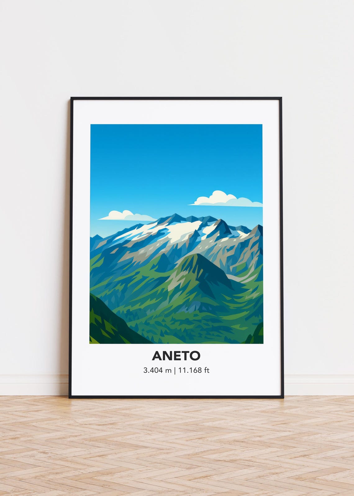 Aneto Mountain Snow Capped Peak Valley Travel Illustration Poster