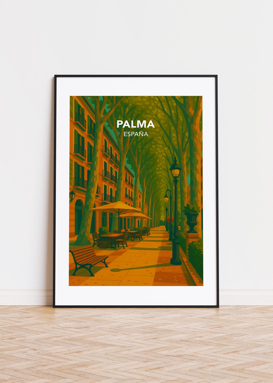 Palma España Tree Lined Boulevard Cafe Vintage Travel Poster