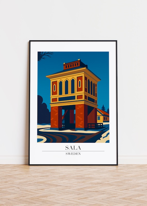 Sala Sweden Historic Mining Tower Night Retro Travel Art Poster