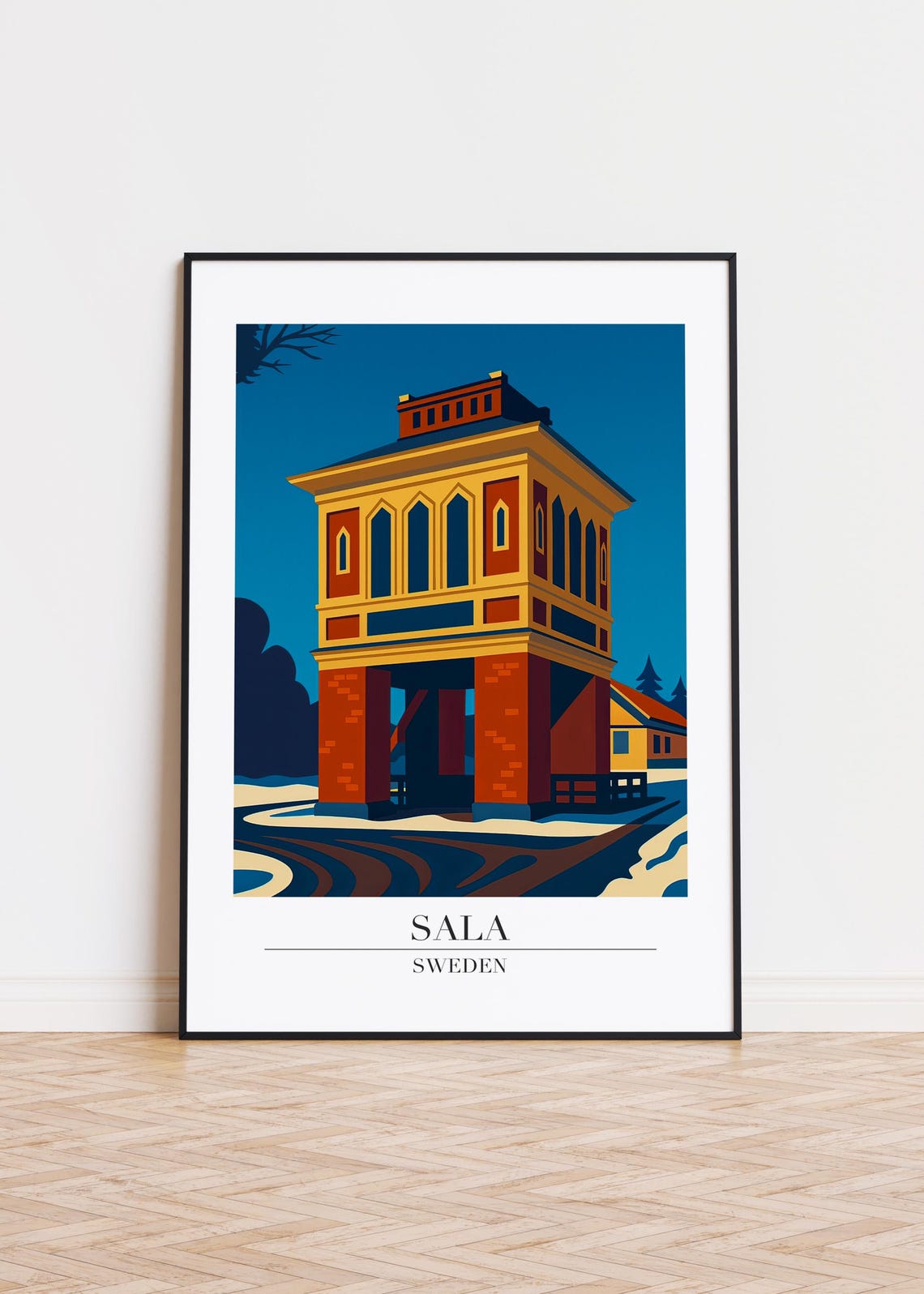Sala Sweden Historic Mining Tower Night Retro Travel Art Poster
