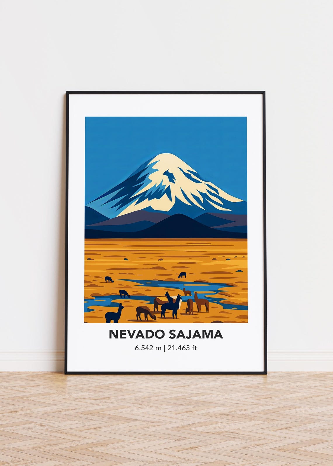 Nevado Sajama Snowy Volcano Llamas Golden Desert Travel Poster