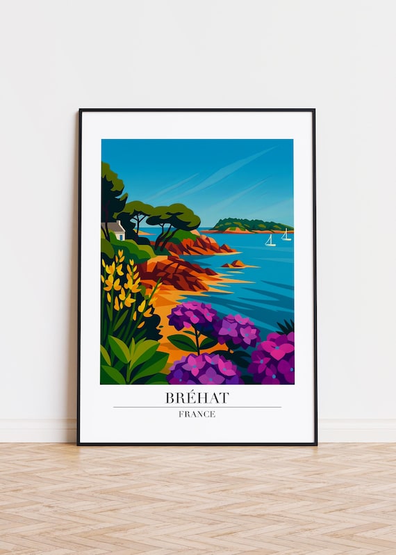 Brehat France Rocky Coast Flowers Vintage Retro Travel Art Poster