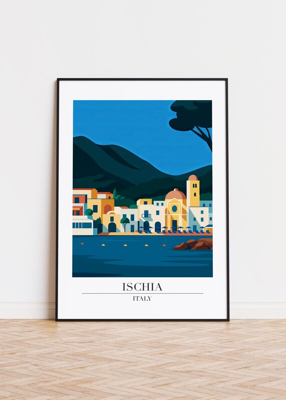 Ischia Italy Seaside Town Church Dome Modern Coastal Travel Poster