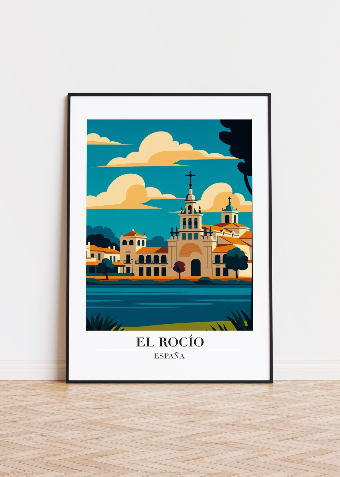El Rocio Spain Church Waterfront Retro Travel Illustration Poster