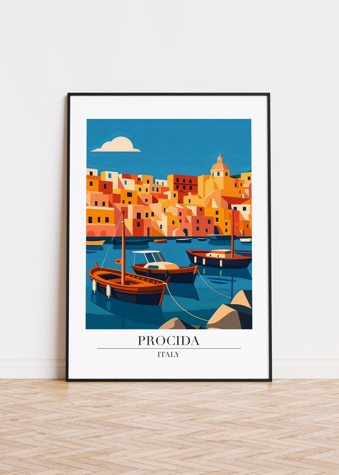 Procida Italy Harbor Boats and Colorful Seaside Town Travel Poster