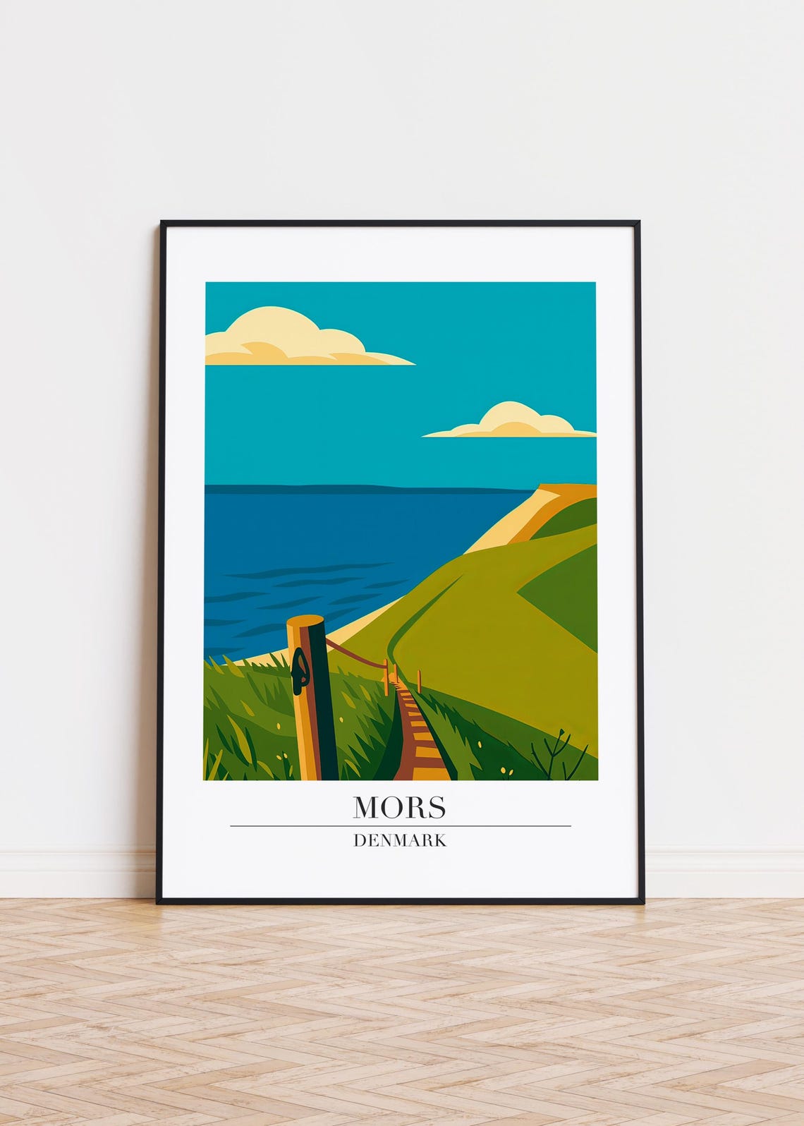 Mors Denmark Coastal Cliff Path Vintage Minimalist Travel Poster