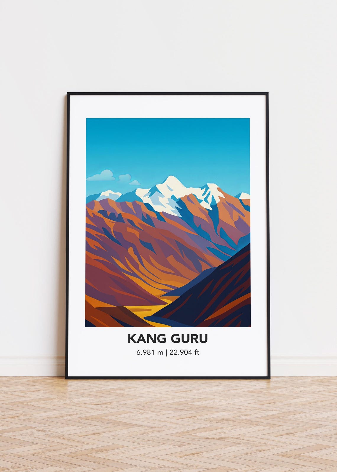 Kang Guru Peak Elevation Modern Mountain Range Illustration Poster