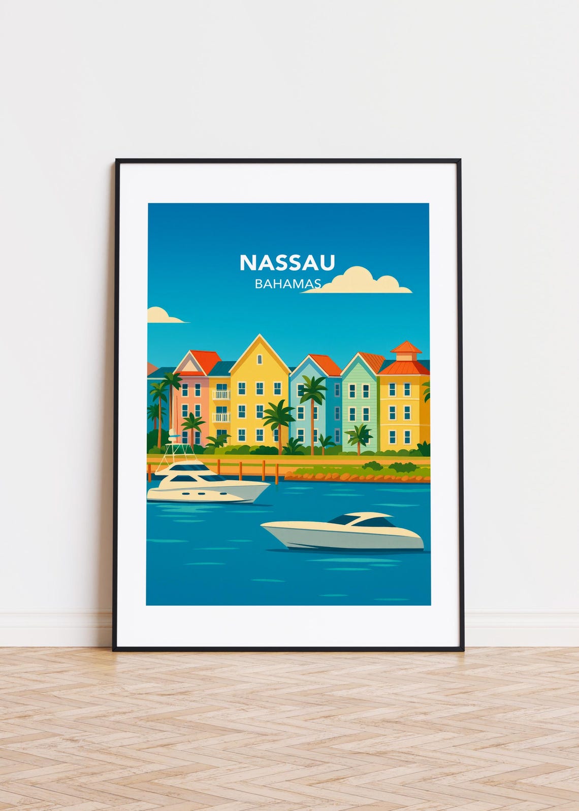 Nassau Bahamas Pastel Waterfront Harbor Boats Travel Art Poster
