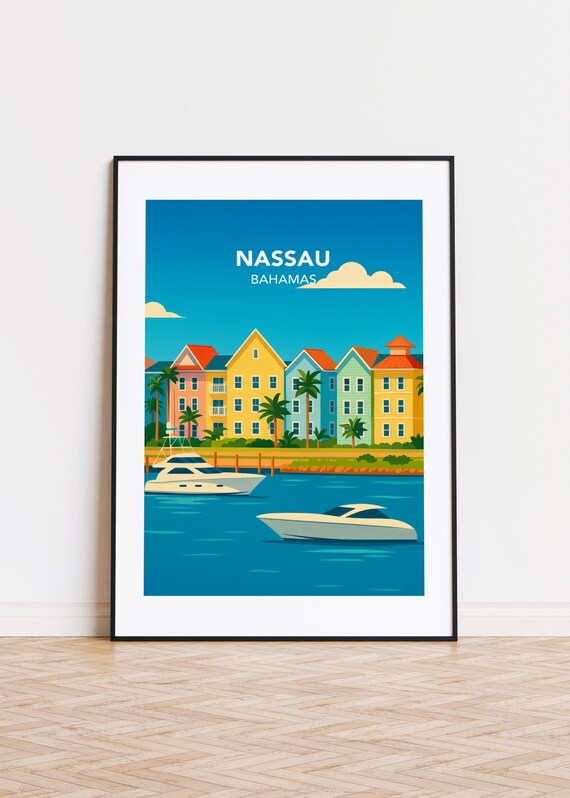 Nassau Bahamas Pastel Waterfront Harbor Boats Travel Art Poster