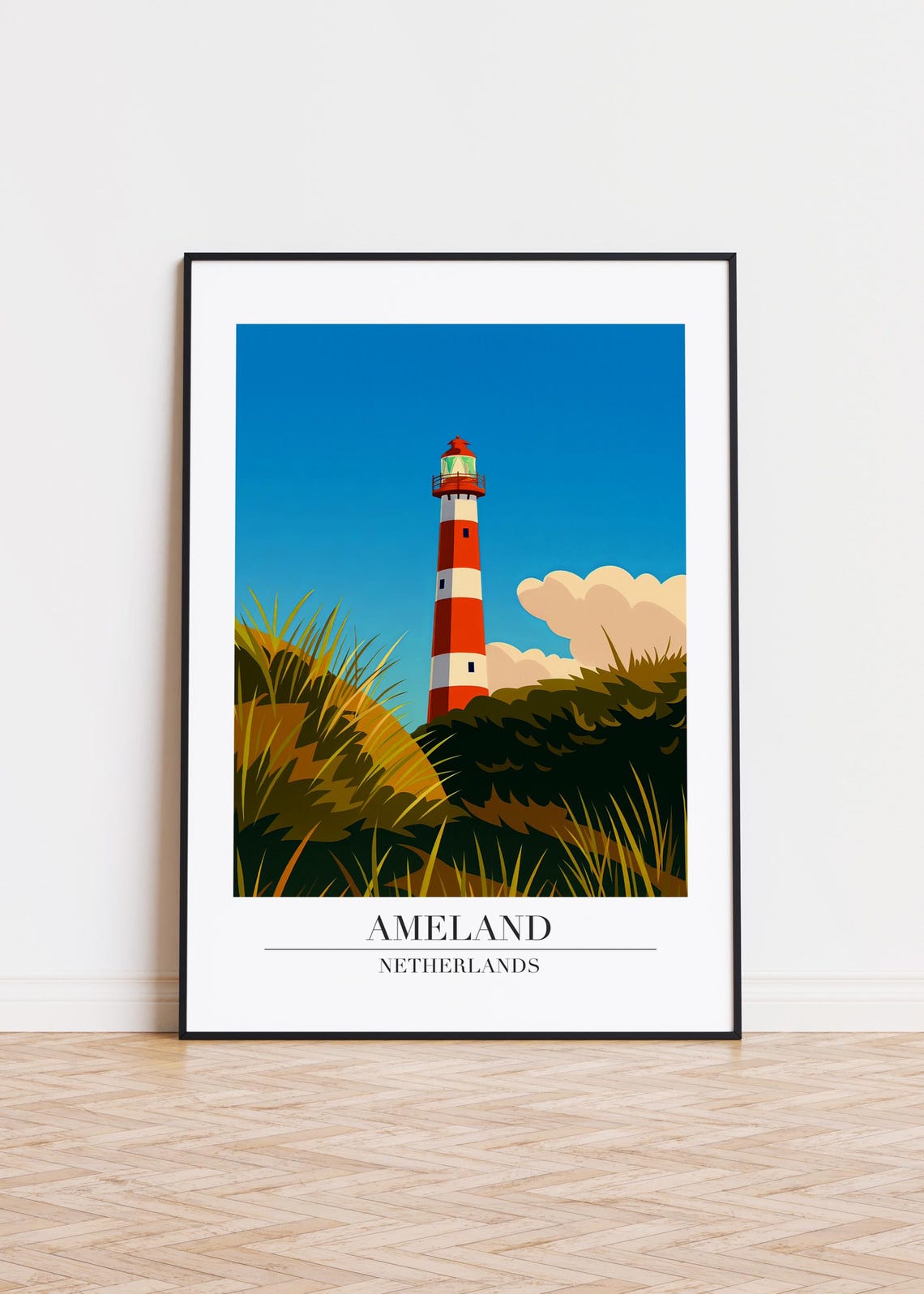 Ameland Netherlands Striped Lighthouse Dunes Retro Travel Poster