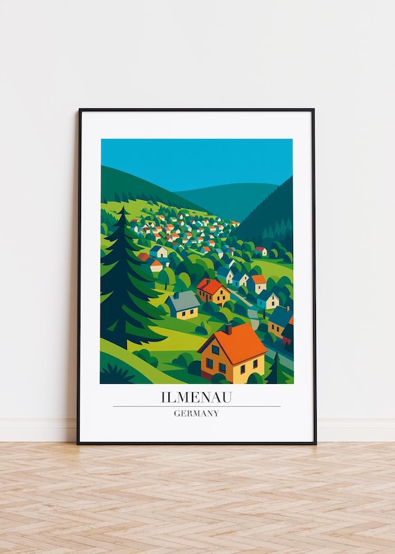 Ilmenau Germany Green Mountain Valley Village Colorful Travel Poster