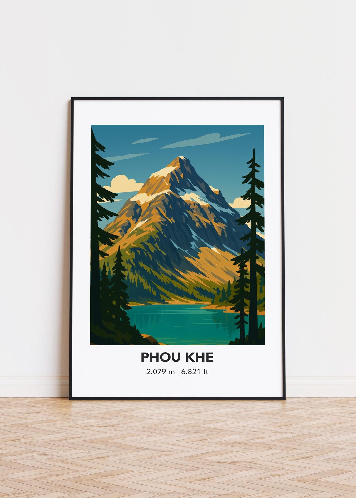 Phou Khe Alpine Peak Minimalist Retro Mountain Lake Travel Poster