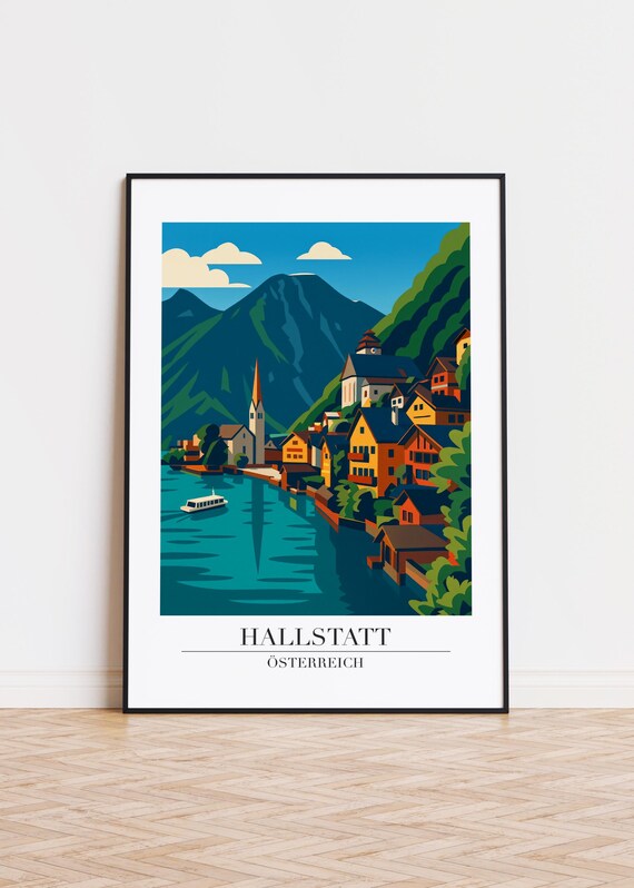 Hallstatt Austria Lakeside Village Daytime Boat Modern Travel Poster