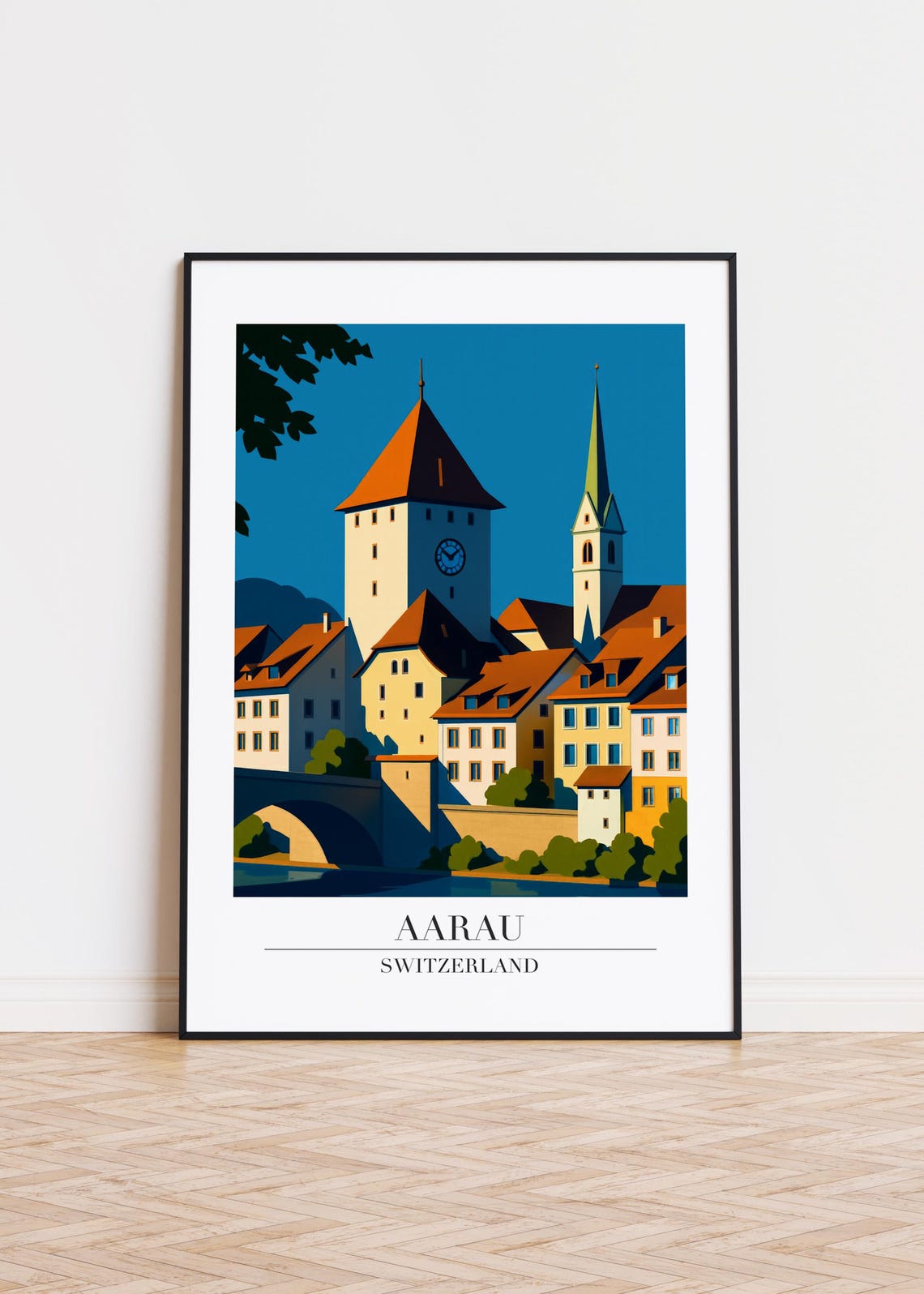 Aarau Switzerland Clock Tower River Bridge Old Town Travel Poster