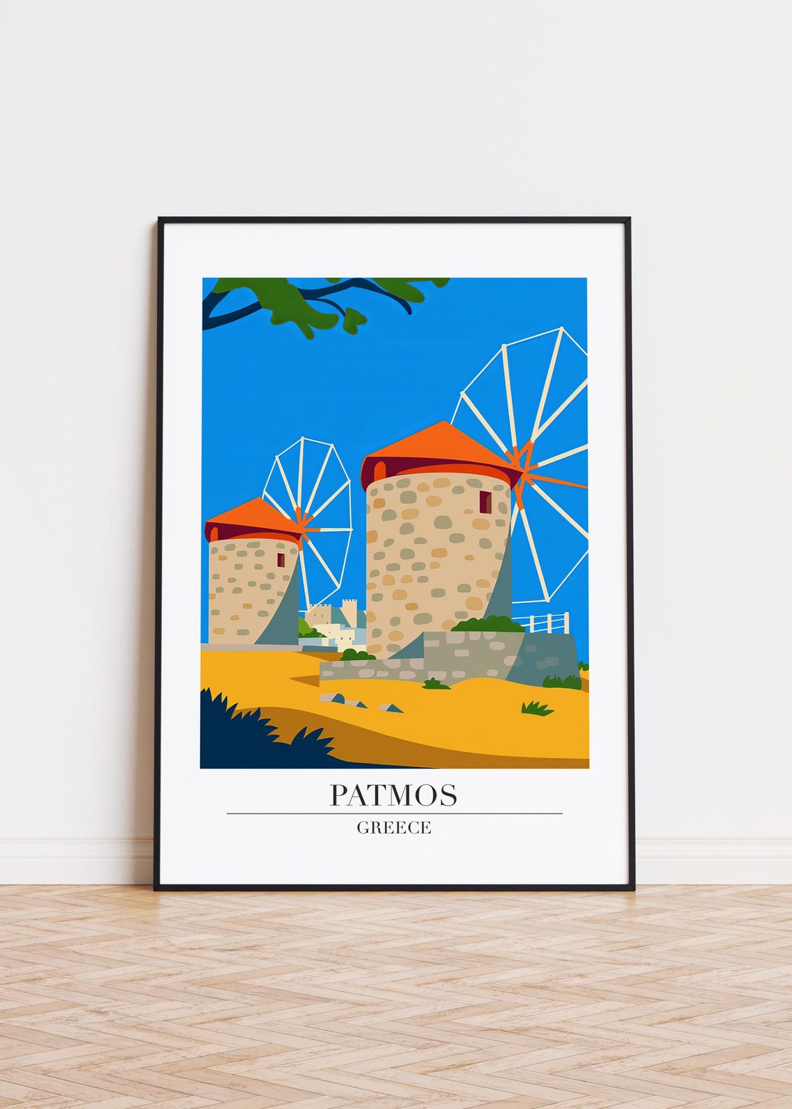 Patmos Greece Traditional Stone Windmills Blue Sky Travel Poster