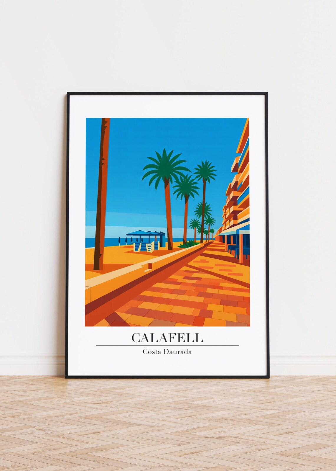 Calafell Costa Daurada Palm Promenade Beach Bar Travel Poster