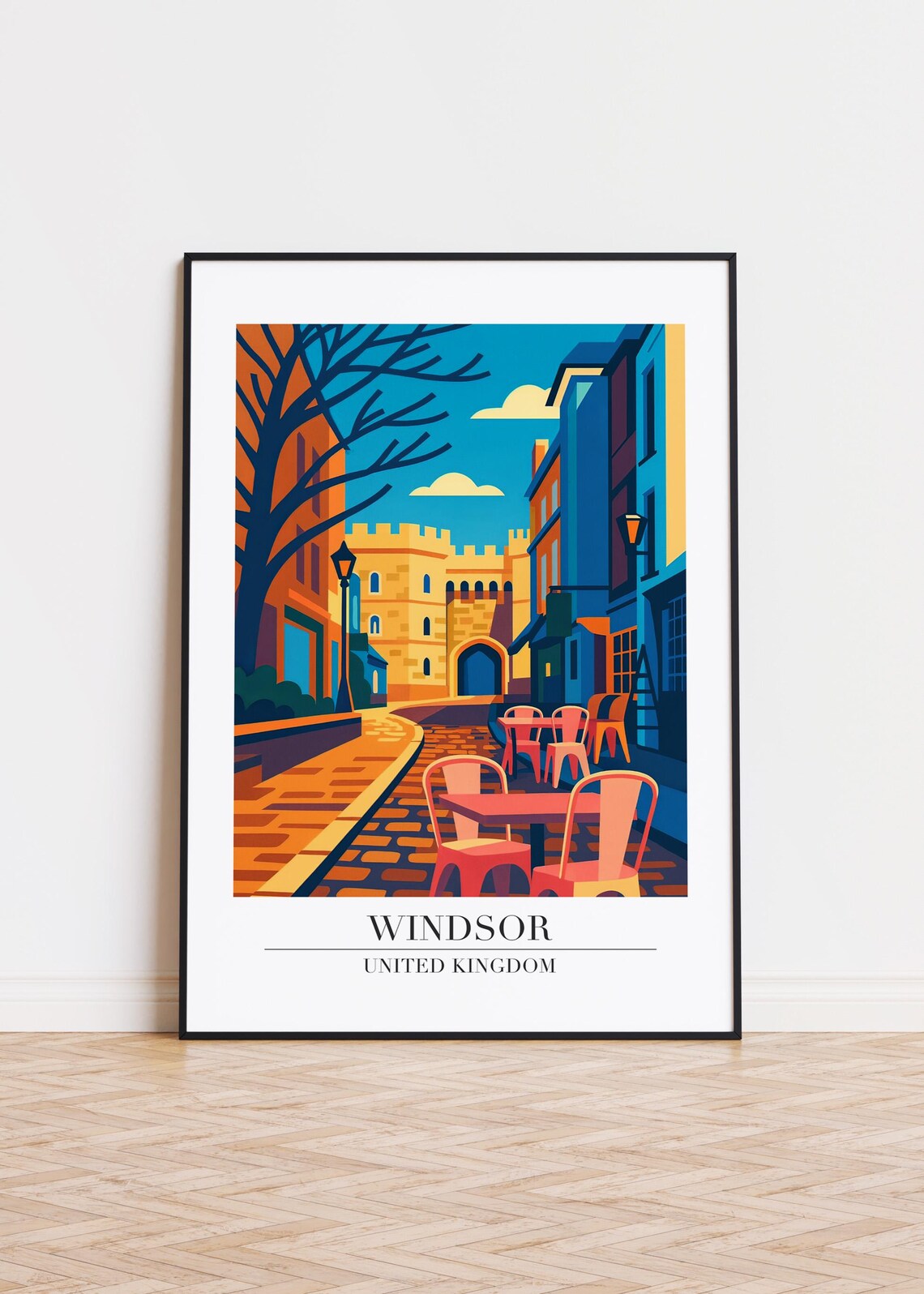 Windsor Castle Old Town Street Cafe Scene Colorful UK Travel Art Poster