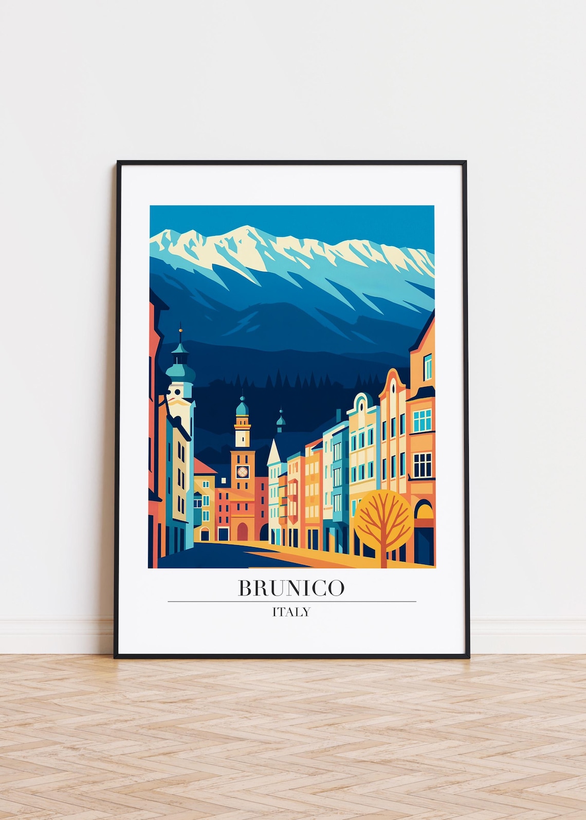 Brunico Italy Alpine Town Beneath Snowy Mountain Peaks Poster