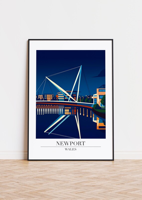 Newport Wales Night Bridge Modern Travel Illustration Art Poster
