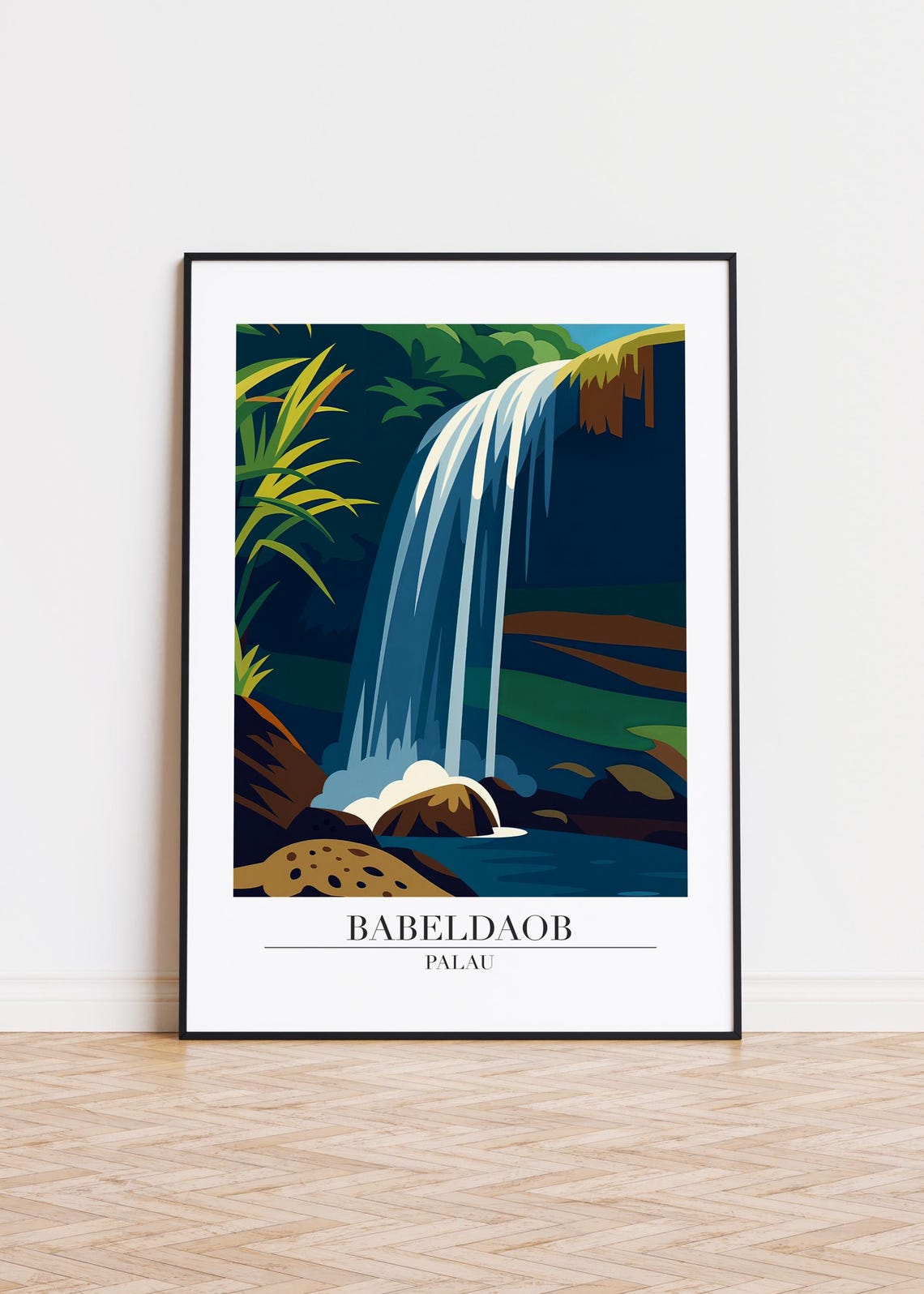 Babeldaob Palau Tropical Waterfall Jungle Travel Illustration Poster