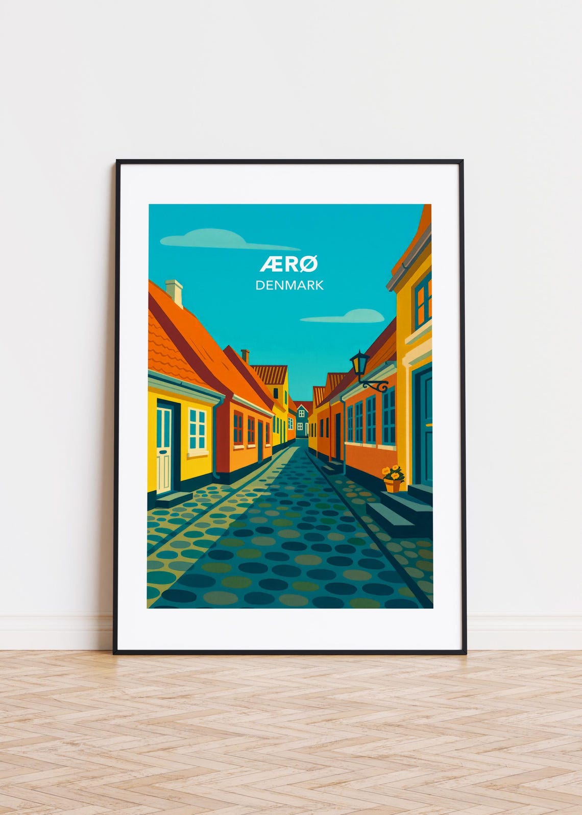 Aero Denmark Colorful Cobblestone Street Old Town Travel Poster