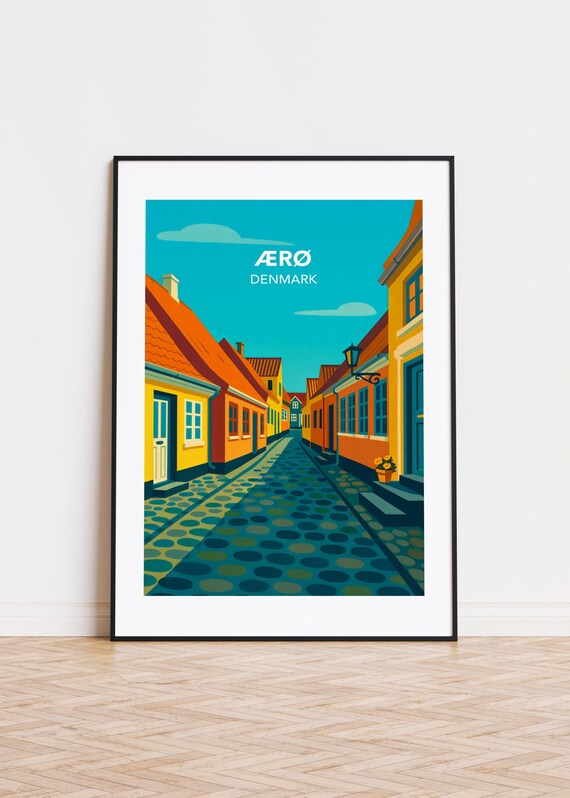 Aero Denmark Colorful Cobblestone Street Old Town Travel Poster