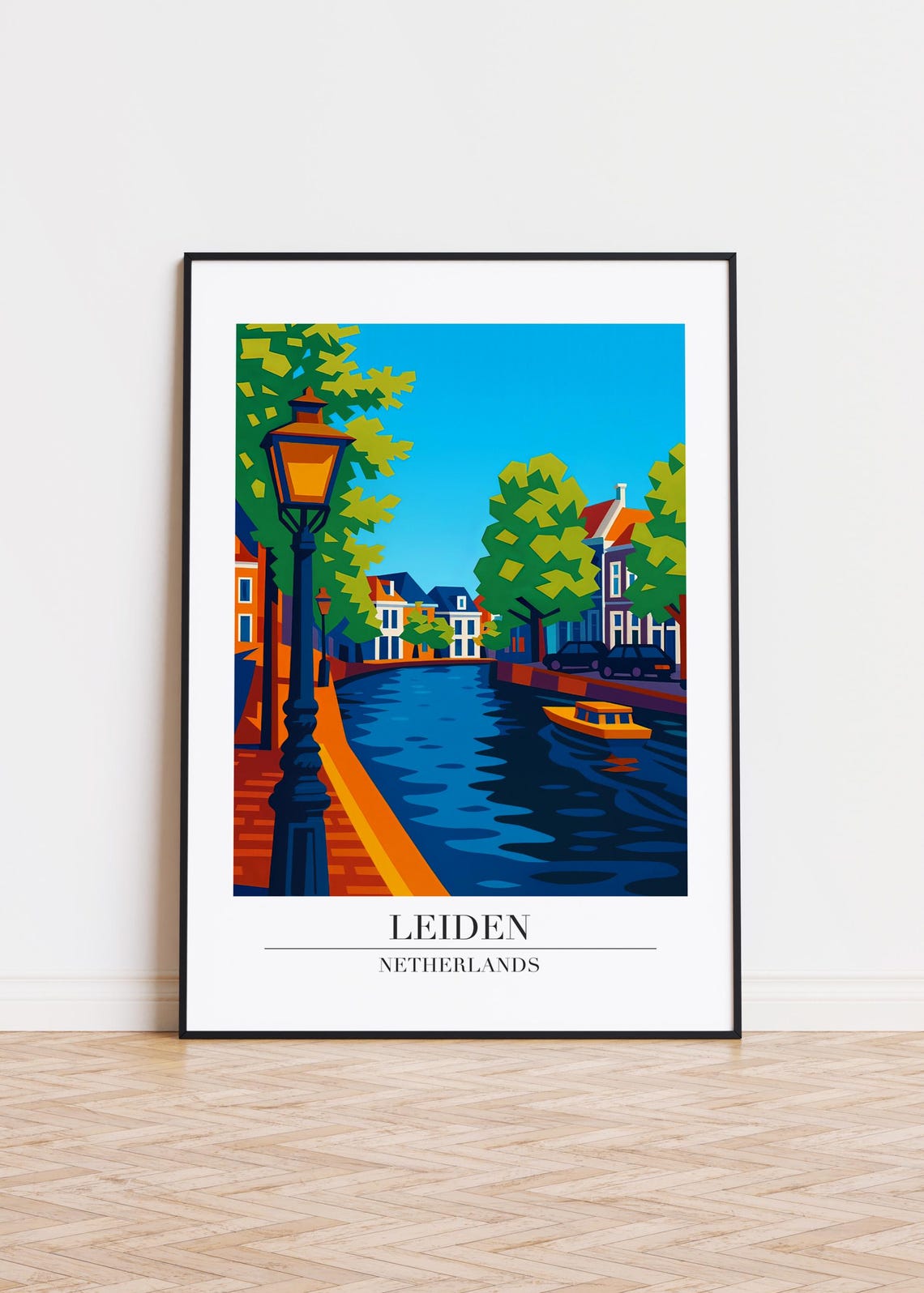 Leiden Netherlands Canal Lamp Geometric Modern Travel Poster Art