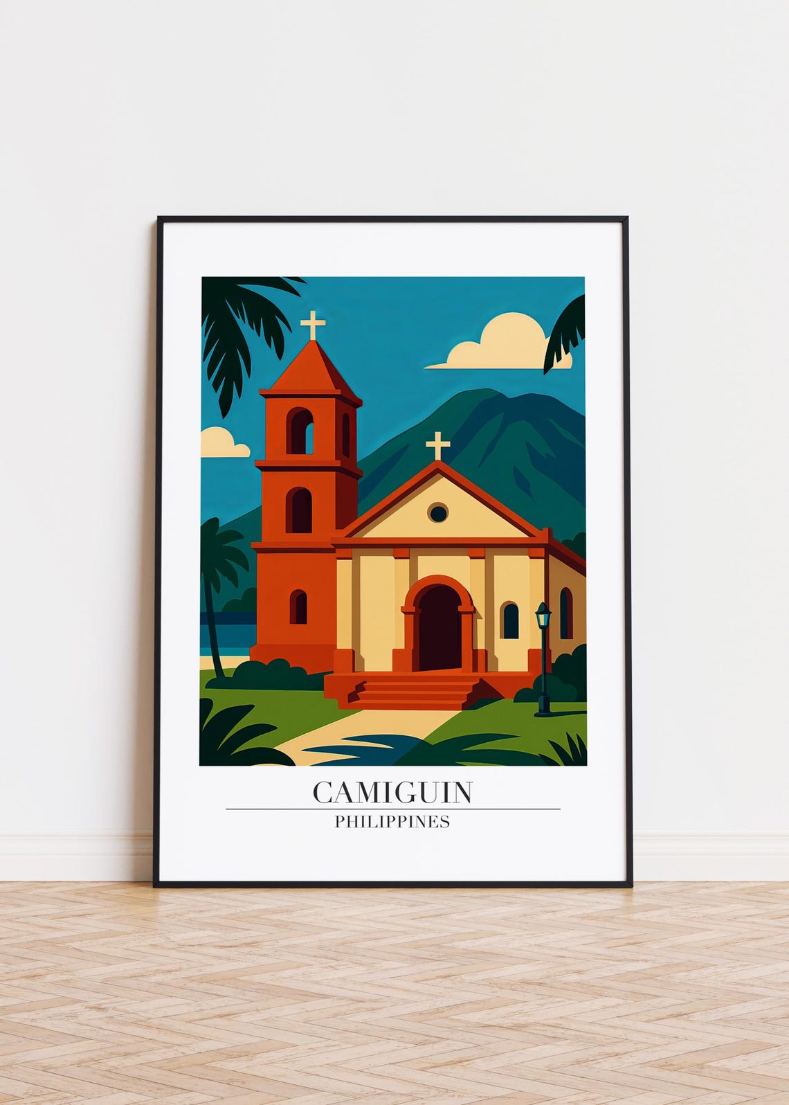 Camiguin Philippines Historic Church Mountain Travel Art Poster
