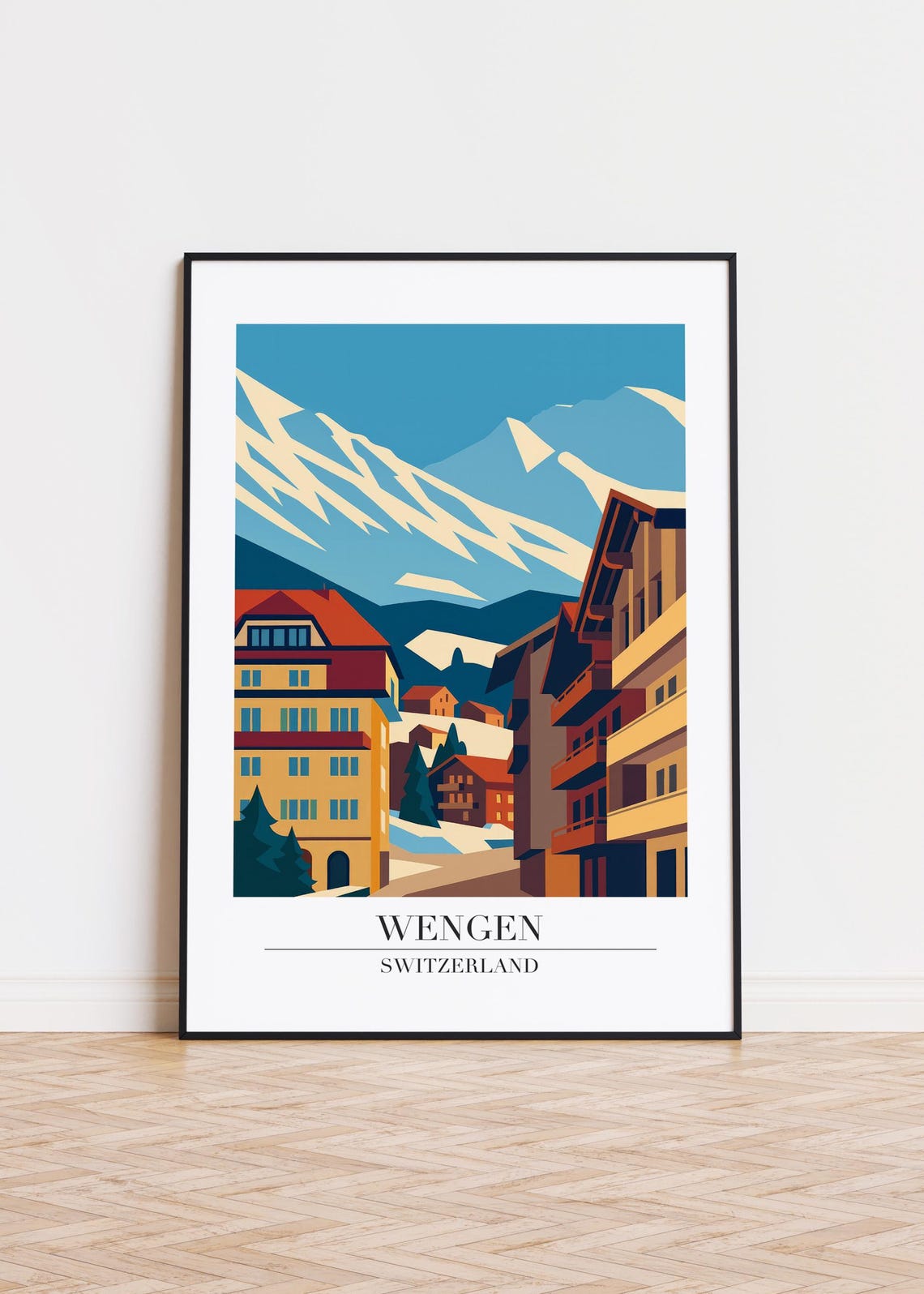 Wengen Switzerland Alpine Village Vintage Style Travel Poster