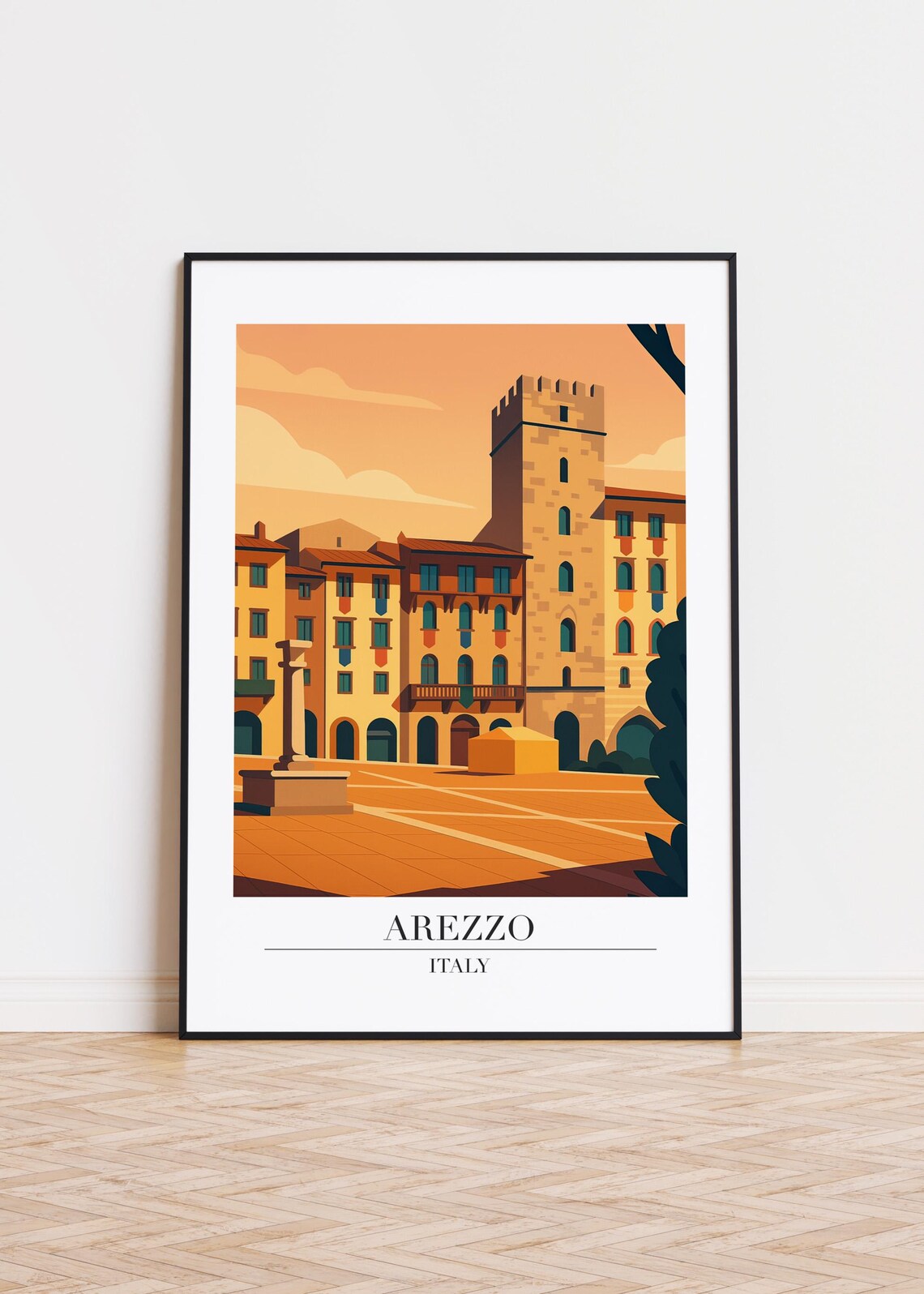 Arezzo Italy Modern Travel Poster Warm Piazza Tower Vintage City Art