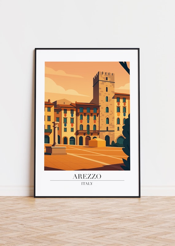 Arezzo Italy Modern Travel Poster Warm Piazza Tower Vintage City Art