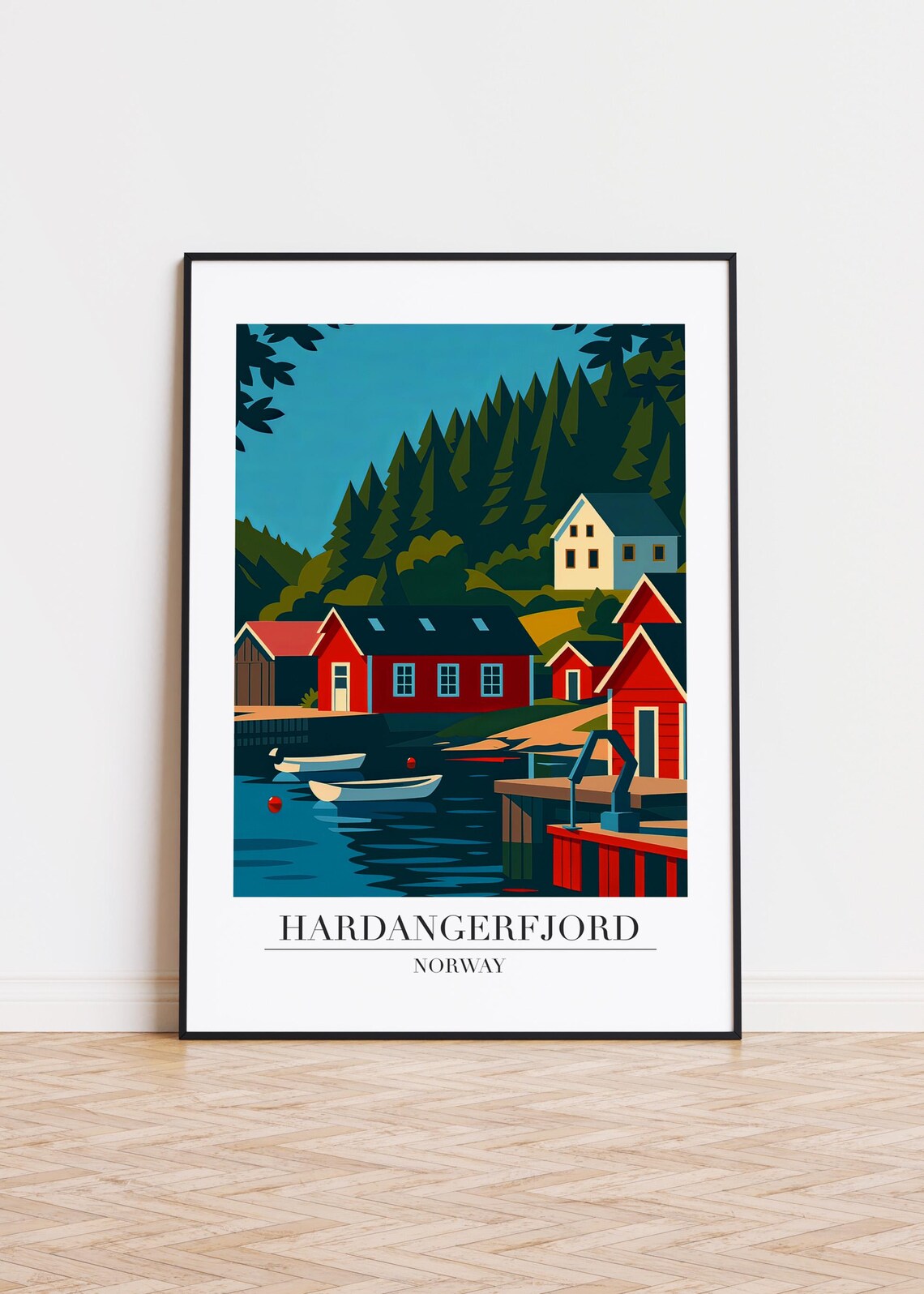 Hardangerfjord Norway Red Boathouses Fjord Harbor Scandinavian Travel Poster