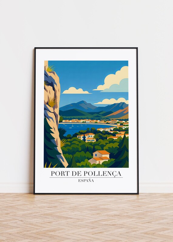 Port de Pollença Spain Cliffside Bay Overlook Vintage Travel Poster