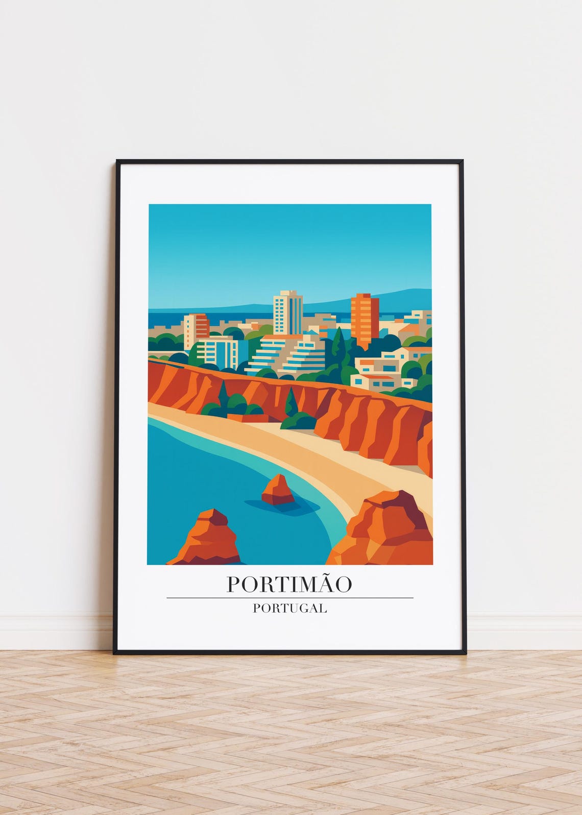 Portimão Portugal Red Cliffs Golden Beach Ocean Rocks Scene Poster