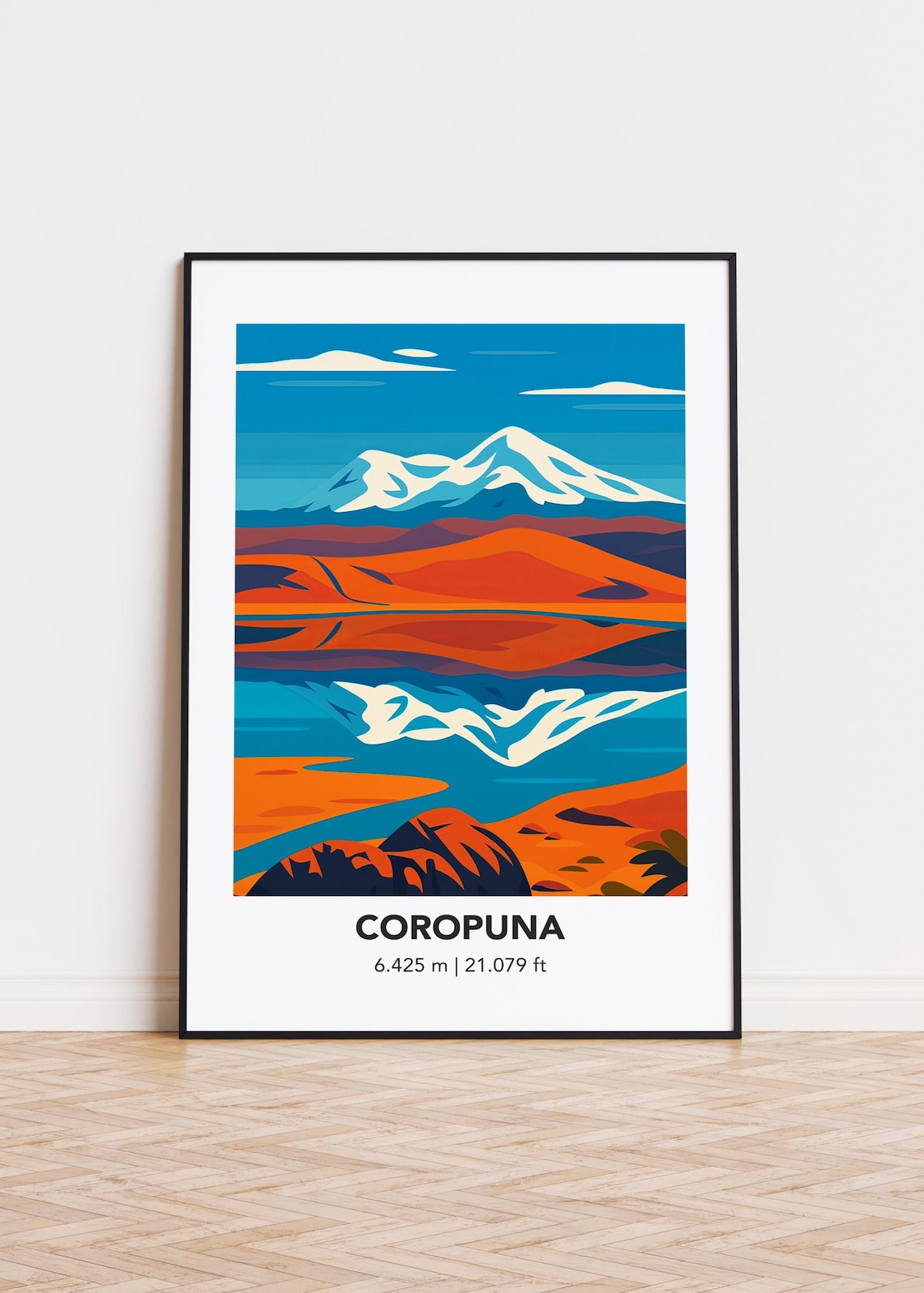 Coropuna Snowy Volcano Lake Mirror Orange Desert Travel Poster