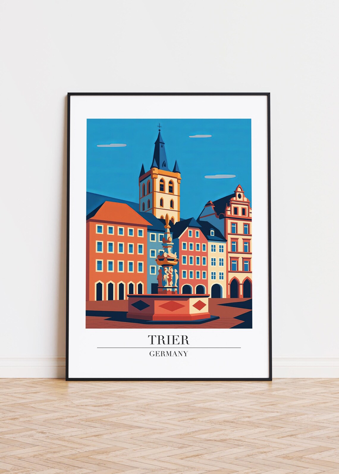 Trier Germany Old Town Square Fountain Retro Travel Art Poster