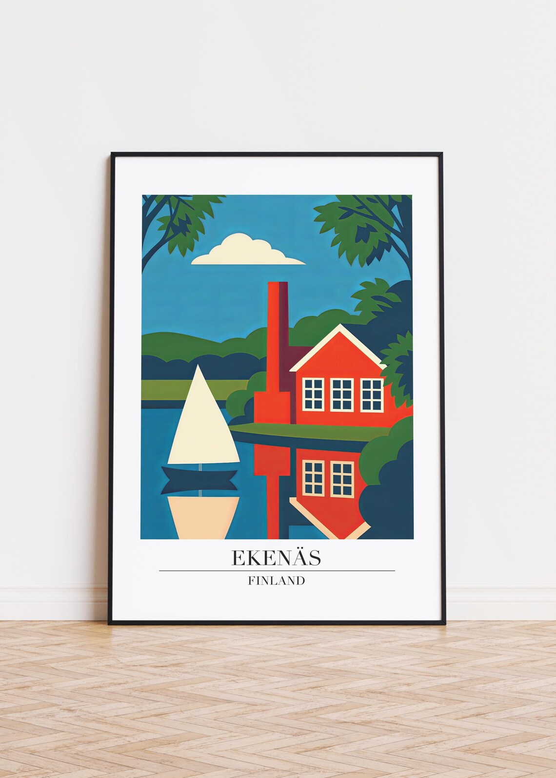 Charming Ekenäs Finland Red Cottage Sailboat Vintage Travel Wall Art