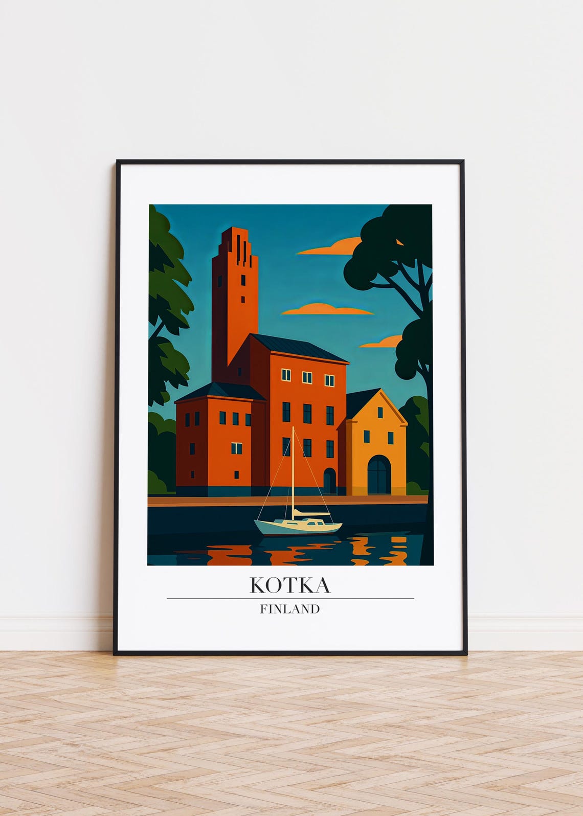 Kotka Finland Harbor Sailboat Orange Waterfront Travel Poster