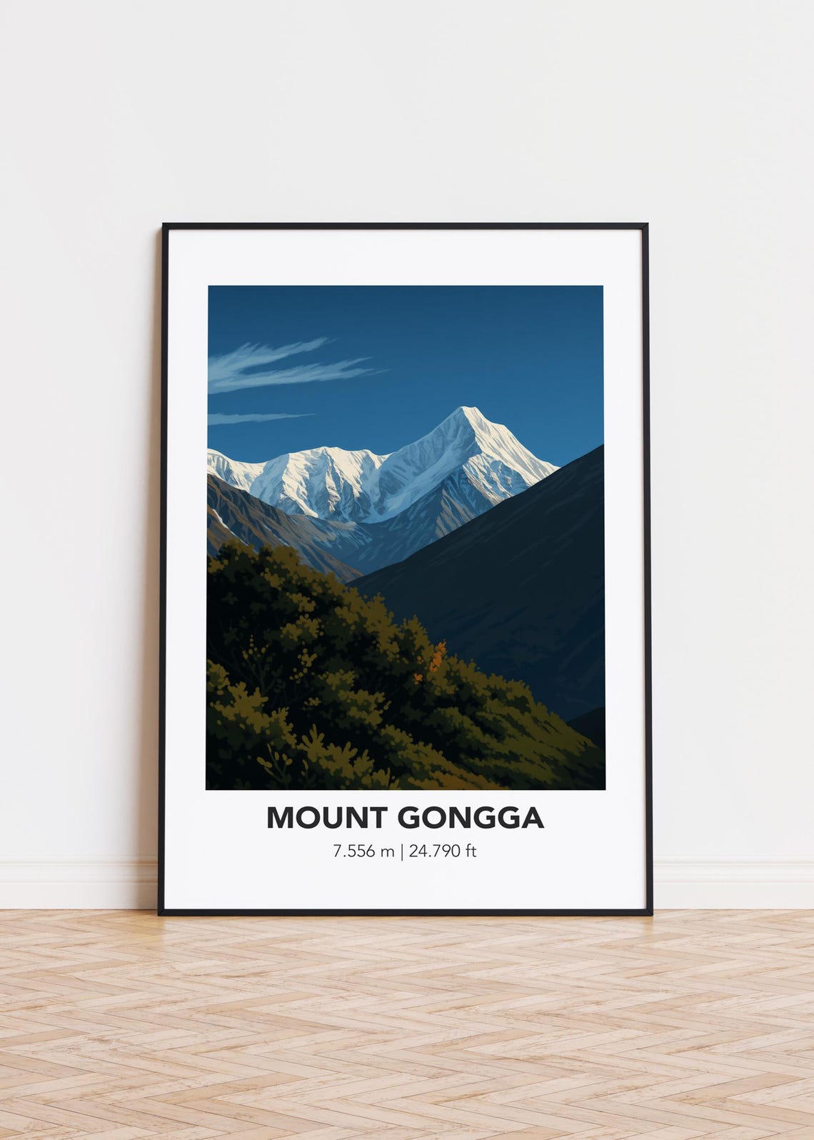 Mount Gongga Snowy Peaks Dark Forest Minimalist Elevation Poster