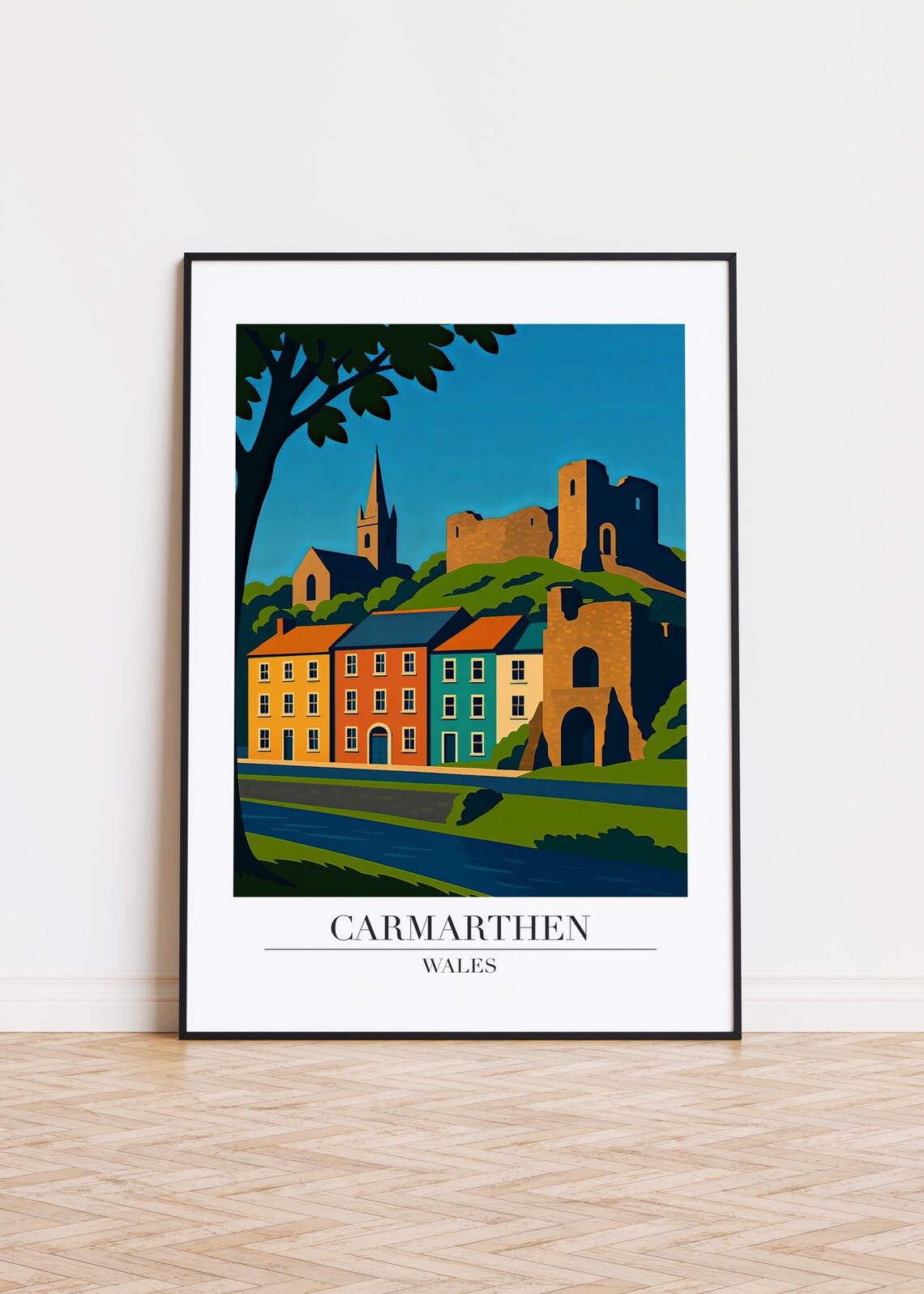 Carmarthen Wales Castle River Colorful Town Travel Illustration Poster