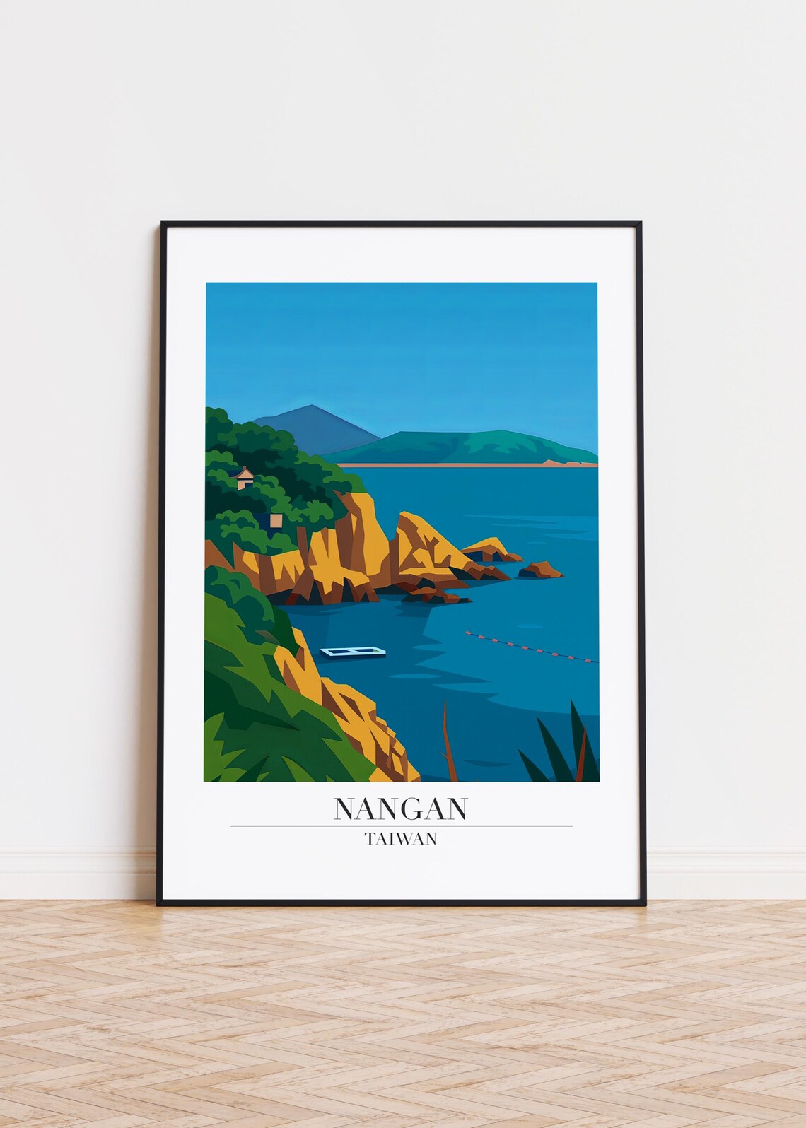 Nangan Taiwan Sunny Rocky Coastline With Boat Travel Art Poster